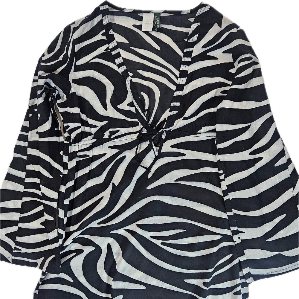 Lauren Ralph Lauren Tunic Top Womens Medium Zebra Print V Neck Blouse Shirt USA